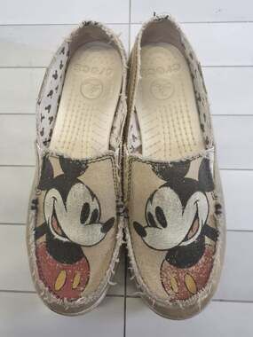 Disney Women's Mickey Mouse Crocs Slip On Canvas Loafer, Tan, Size 7